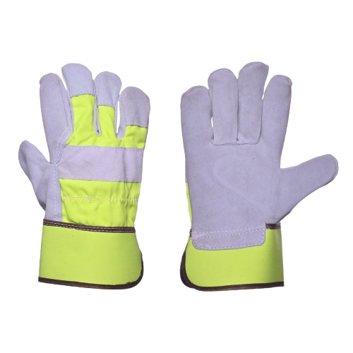 Hi-Viz Yellow Cow Split Leather Double Palm Work Gloves