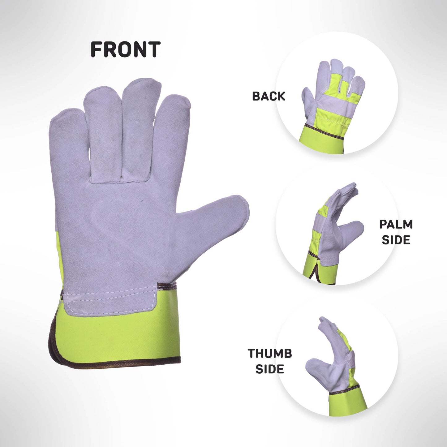 Hi-Viz Yellow Cow Split Leather Double Palm Work Gloves