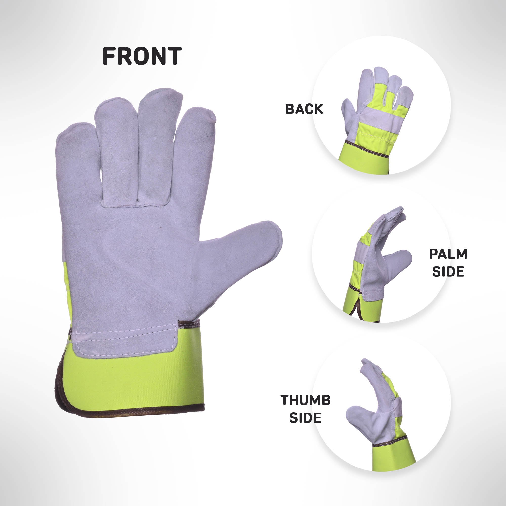 Hi-Viz Yellow Cow Split Leather Double Palm Work Gloves Good American Safety Supplies