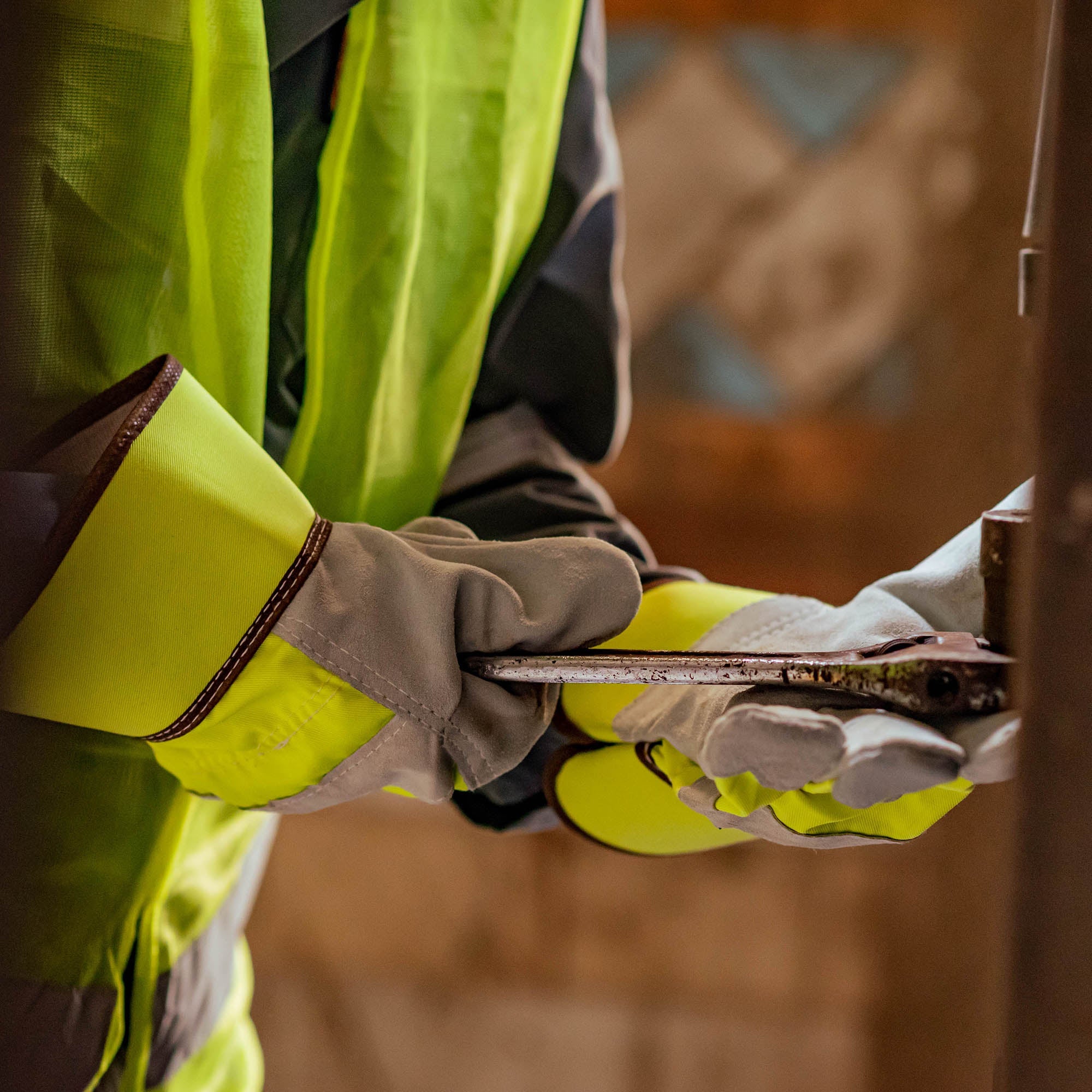 Hi-Viz Yellow Cow Split Leather Double Palm Work Gloves Good American Safety Supplies